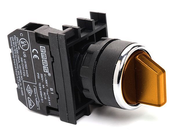 B100SL20S B Serisi Plastik 1NO (0-I) 60° Seçici Kalıcı Işıklı Sarı 22mm Buton