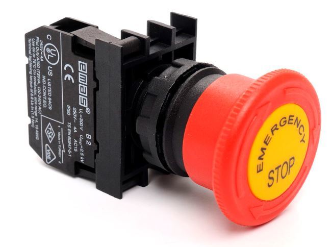 B200EE B Serisi Plastik 1NC Acil Stop 40mm Çevirmeli Etiketli Kırmızı 22mm Buton